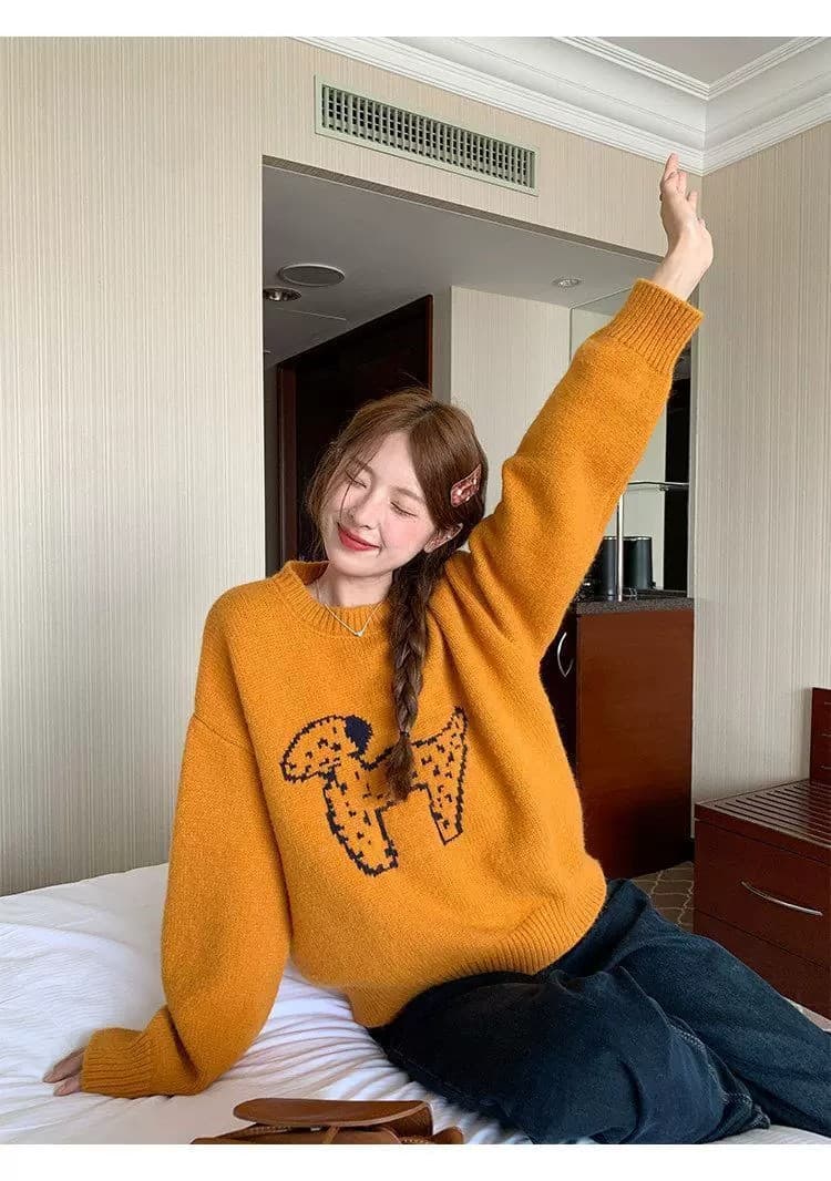 한국 스타일 라운드 넥 연령 감소 자카드 강아지 주황색 스웨터 이른 봄 새로운 루즈핏 풀오버 얇은 스타일 니트 스웨터 맨위 상세 이미지 9