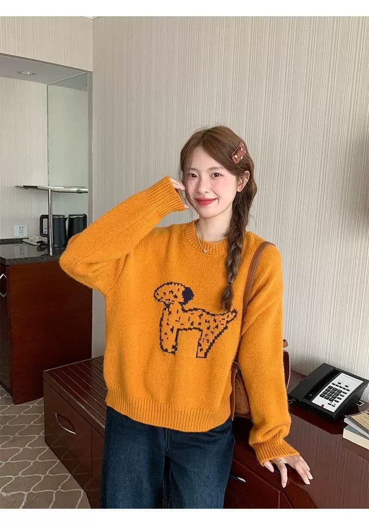 한국 스타일 라운드 넥 연령 감소 자카드 강아지 주황색 스웨터 이른 봄 새로운 루즈핏 풀오버 얇은 스타일 니트 스웨터 맨위 상세 이미지 11