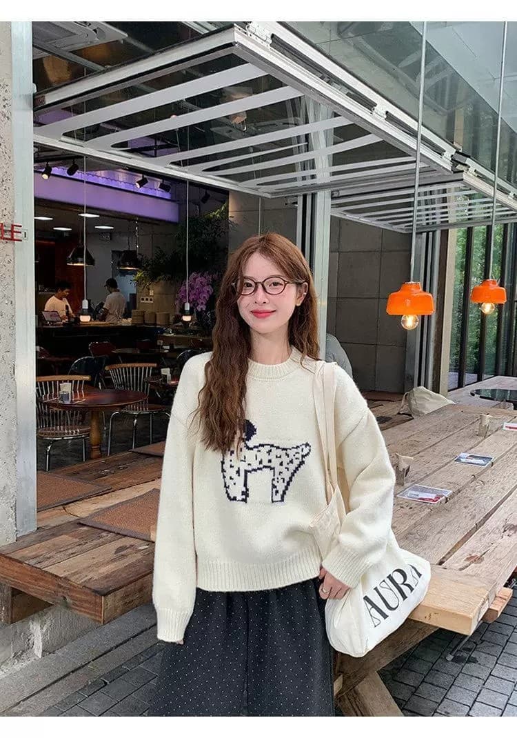 한국 스타일 라운드 넥 연령 감소 자카드 강아지 주황색 스웨터 이른 봄 새로운 루즈핏 풀오버 얇은 스타일 니트 스웨터 맨위 상세 이미지 15
