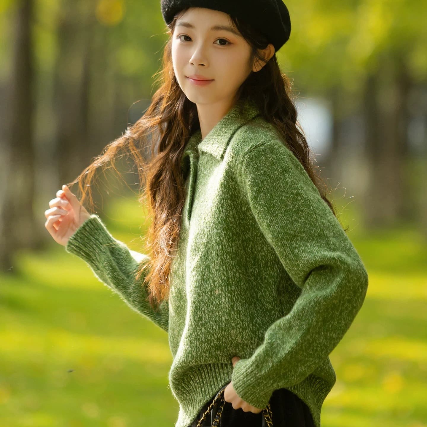 레트로 녹색 POLO 칼라 풀오버 스웨터 여자 2026 가을 겨울 새로운 한국 스타일 캐주얼 니트 맨위 이미지 5