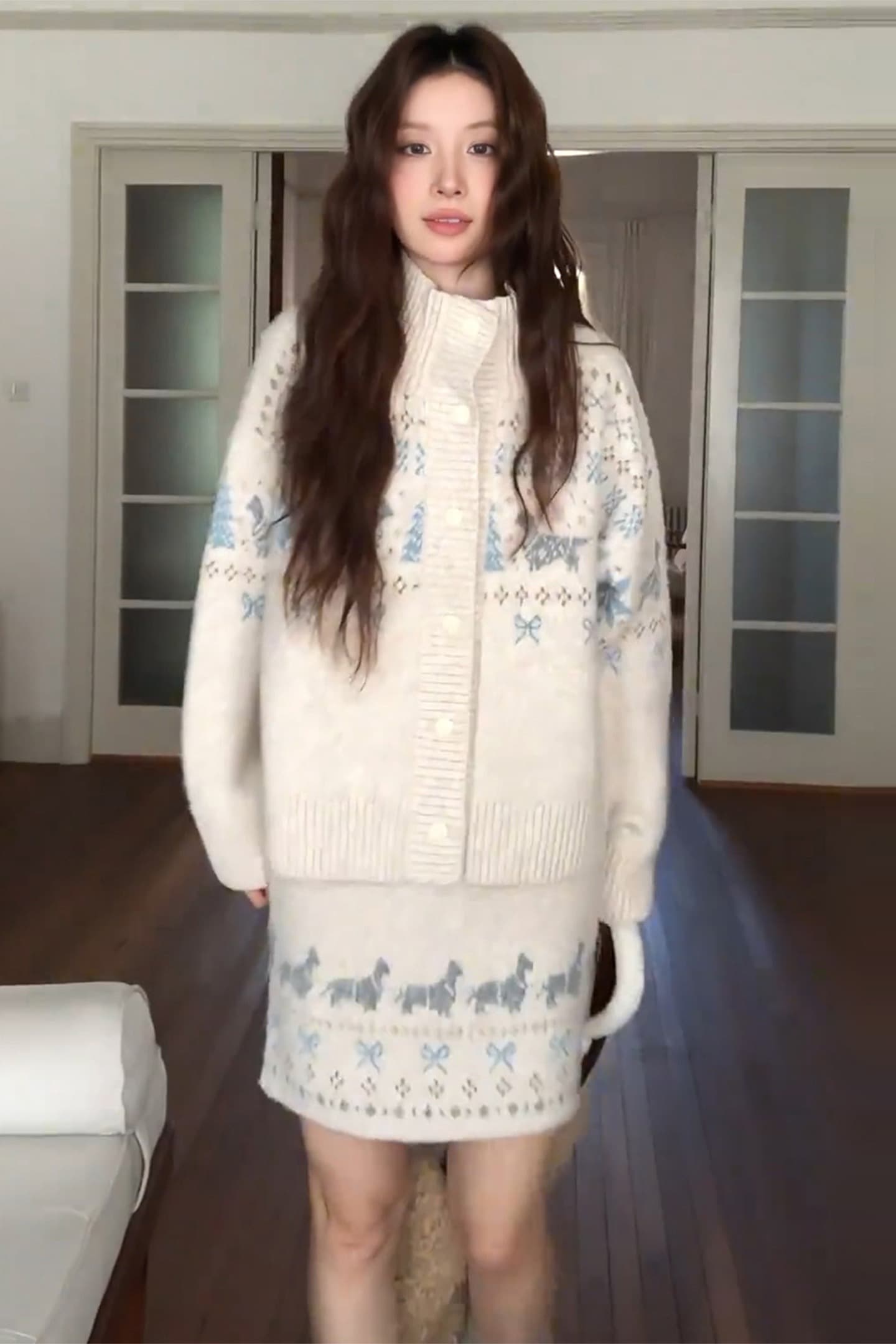 가을 겨울 터틀넥 공정한 섬 모직물 오픈 가디건 캐주얼 긴팔 재킷 스웨터 반 스커트 두 조각 여성 세트 이미지 2