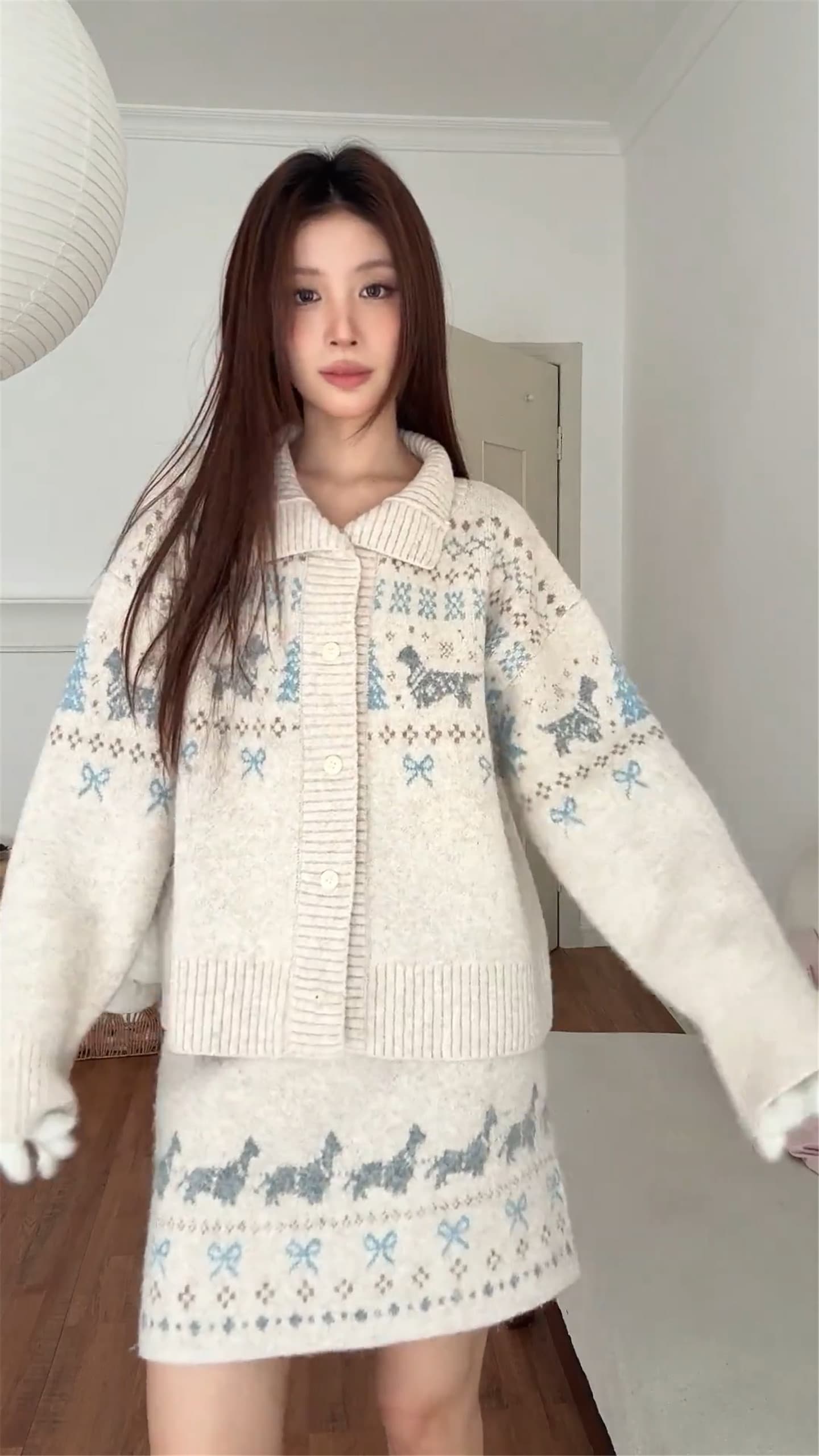 가을 겨울 터틀넥 공정한 섬 모직물 오픈 가디건 캐주얼 긴팔 재킷 스웨터 반 스커트 두 조각 여성 세트 이미지 4