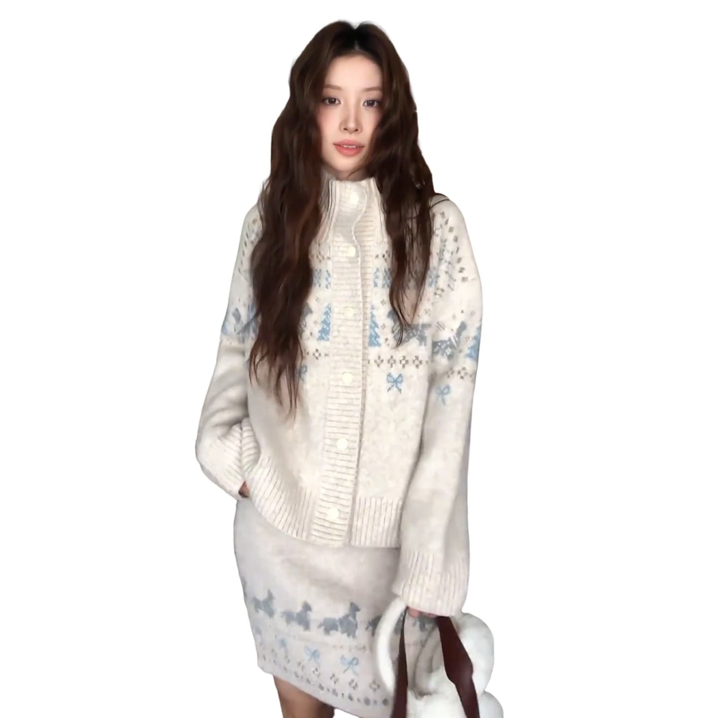 가을 겨울 터틀넥 공정한 섬 모직물 오픈 가디건 캐주얼 긴팔 재킷 스웨터 반 스커트 두 조각 여성 세트 이미지 5