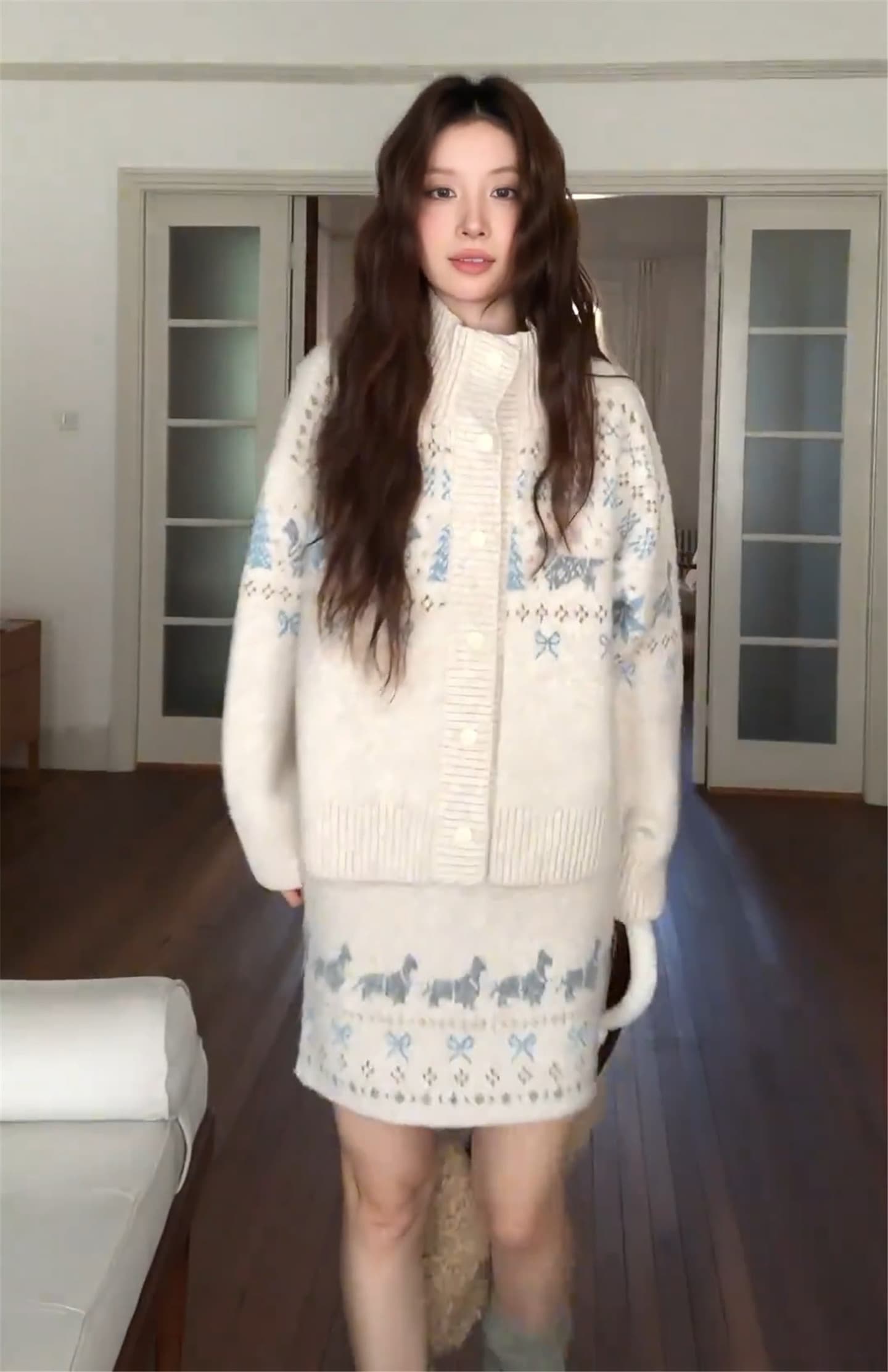가을 겨울 터틀넥 공정한 섬 모직물 오픈 가디건 캐주얼 긴팔 재킷 스웨터 반 스커트 두 조각 여성 세트 상세 이미지 1