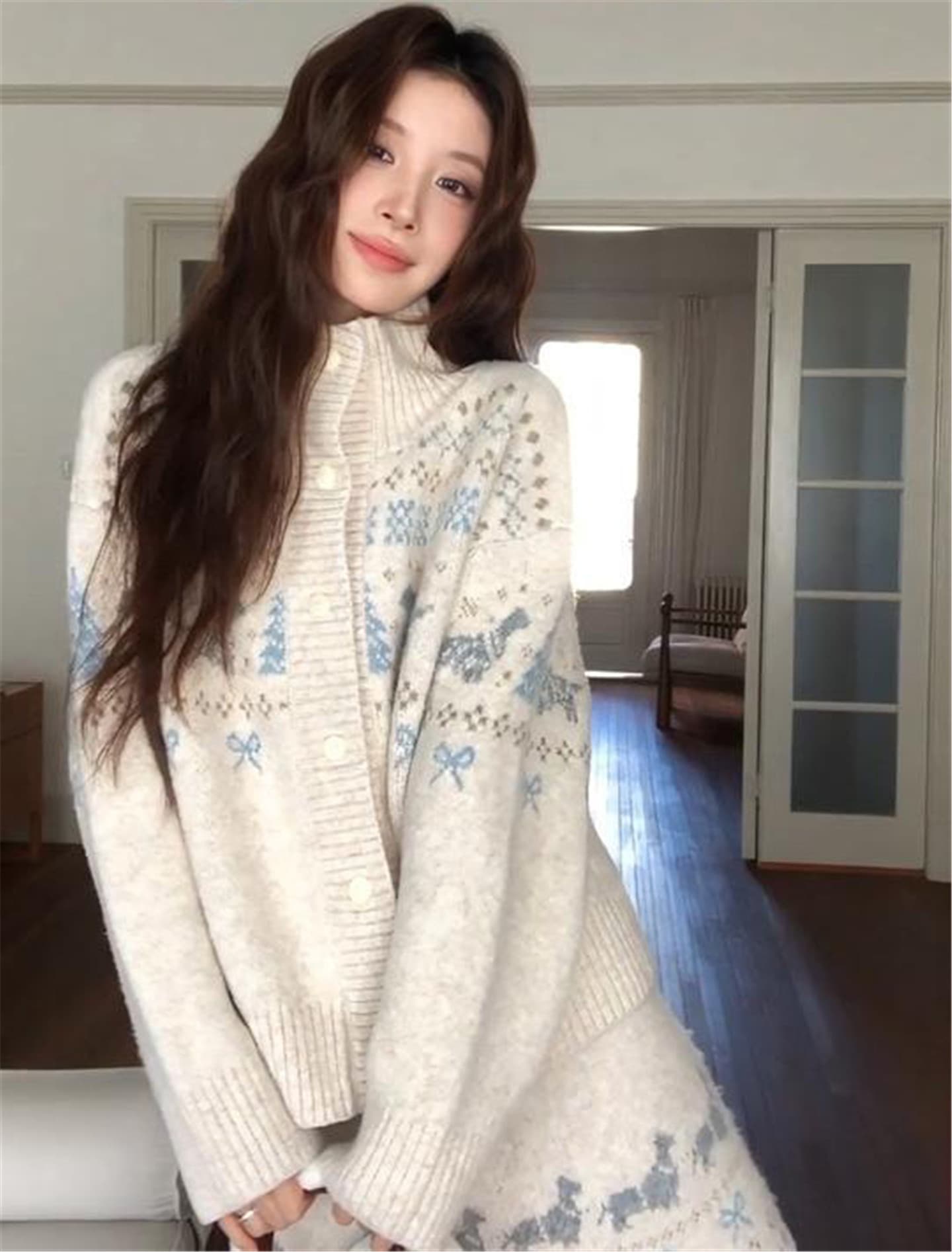 가을 겨울 터틀넥 공정한 섬 모직물 오픈 가디건 캐주얼 긴팔 재킷 스웨터 반 스커트 두 조각 여성 세트 상세 이미지 5