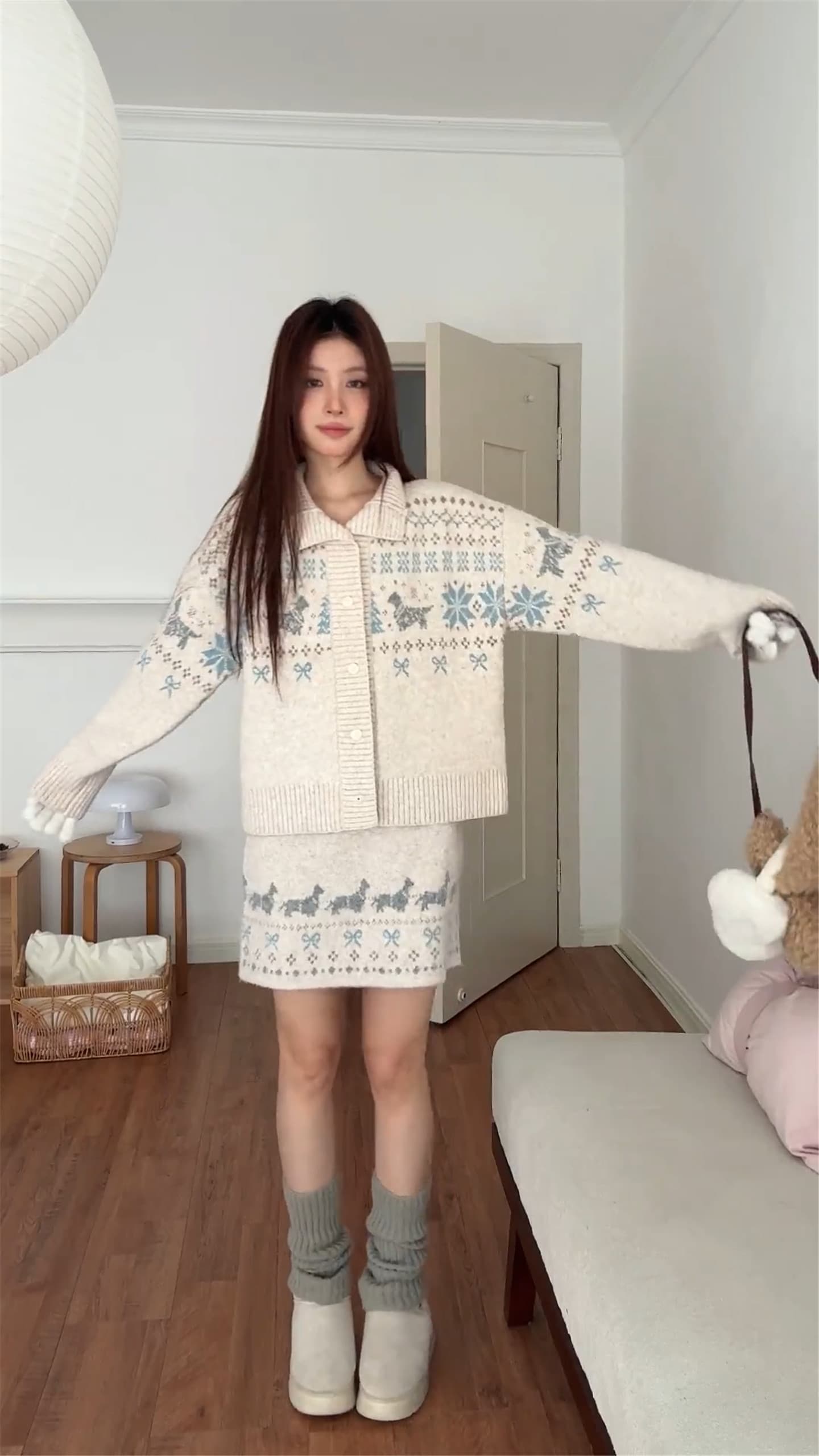 가을 겨울 터틀넥 공정한 섬 모직물 오픈 가디건 캐주얼 긴팔 재킷 스웨터 반 스커트 두 조각 여성 세트 상세 이미지 8