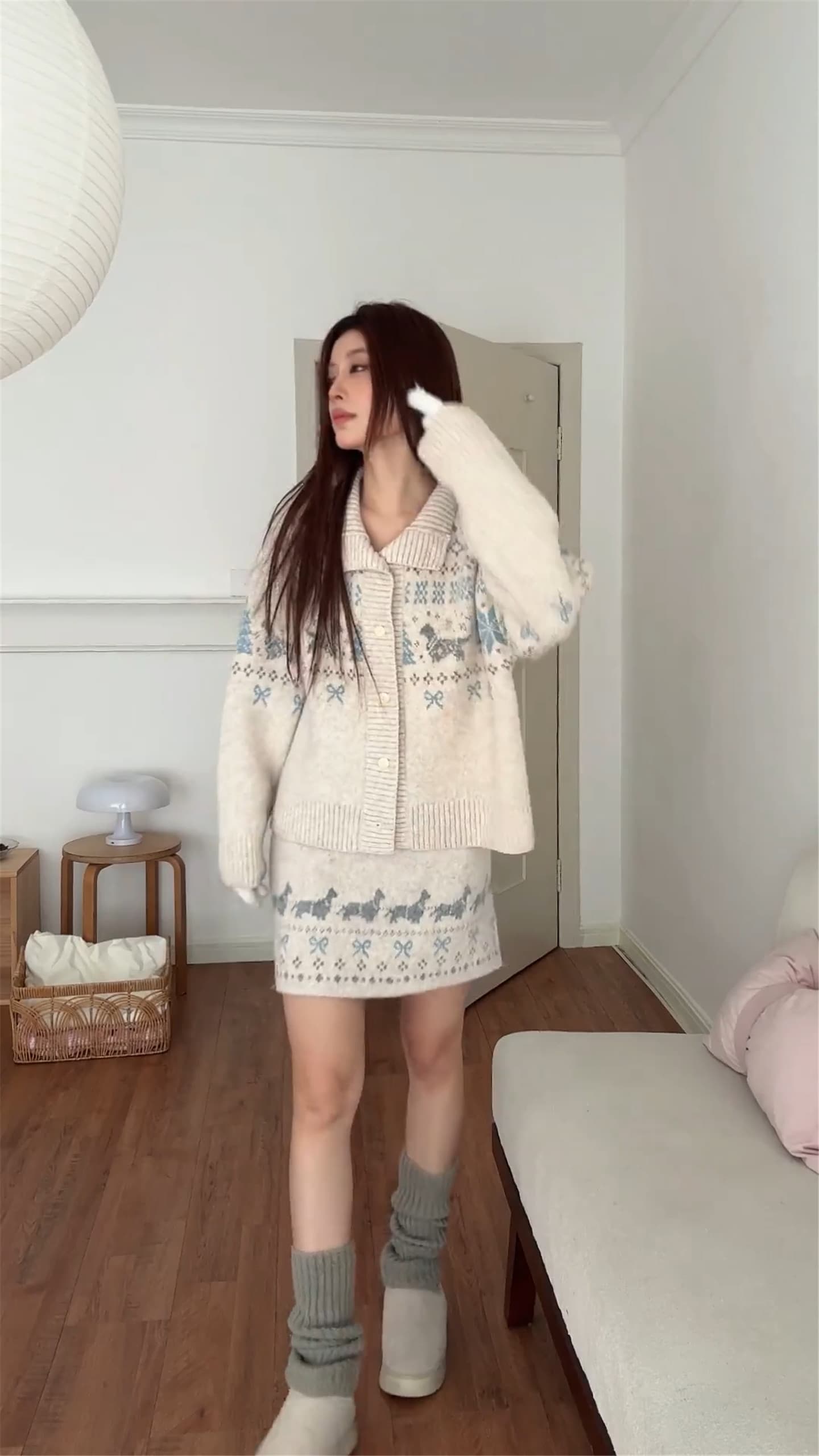 가을 겨울 터틀넥 공정한 섬 모직물 오픈 가디건 캐주얼 긴팔 재킷 스웨터 반 스커트 두 조각 여성 세트 상세 이미지 12