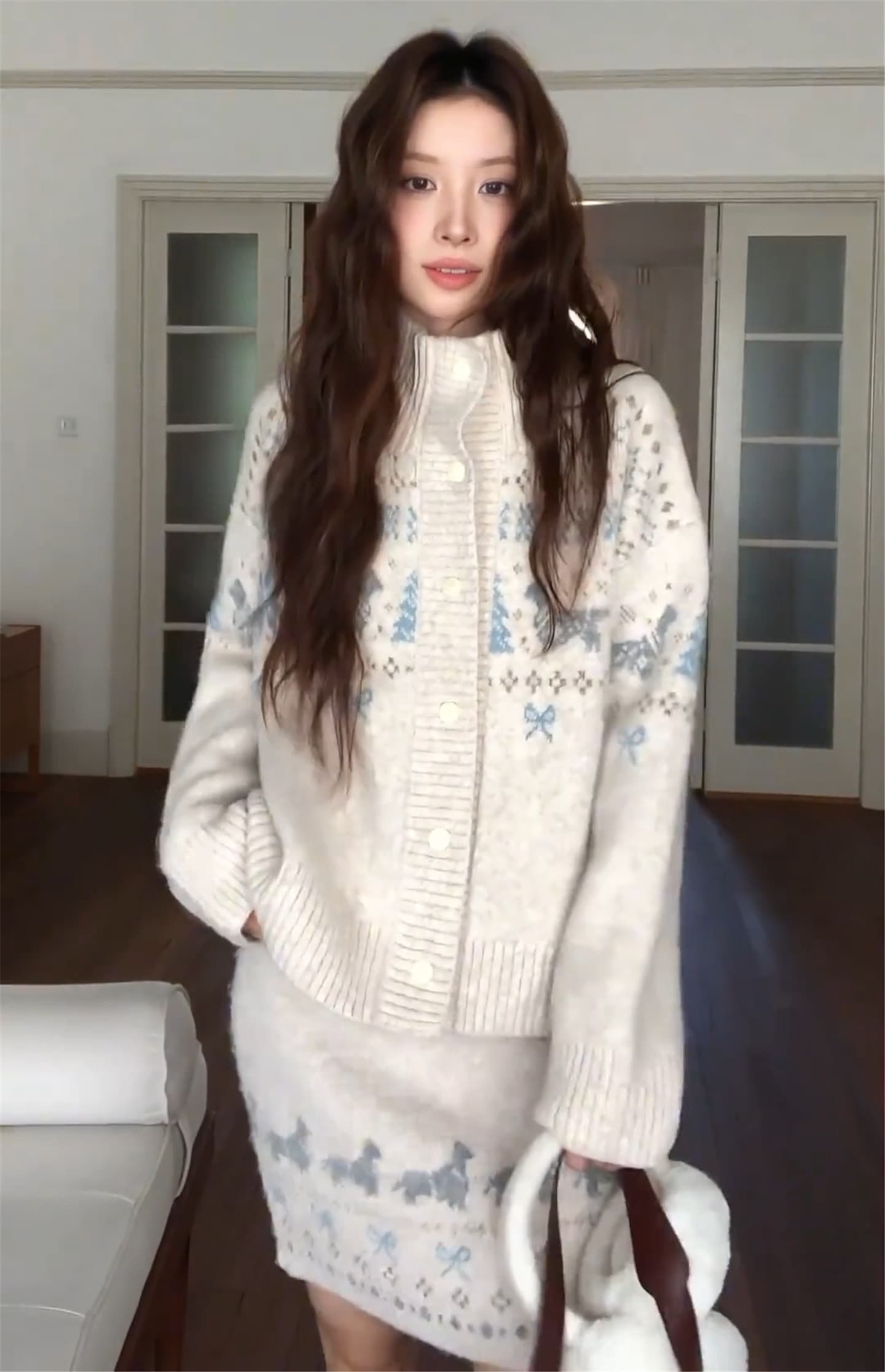 가을 겨울 터틀넥 공정한 섬 모직물 오픈 가디건 캐주얼 긴팔 재킷 스웨터 반 스커트 두 조각 여성 세트 상세 이미지 13
