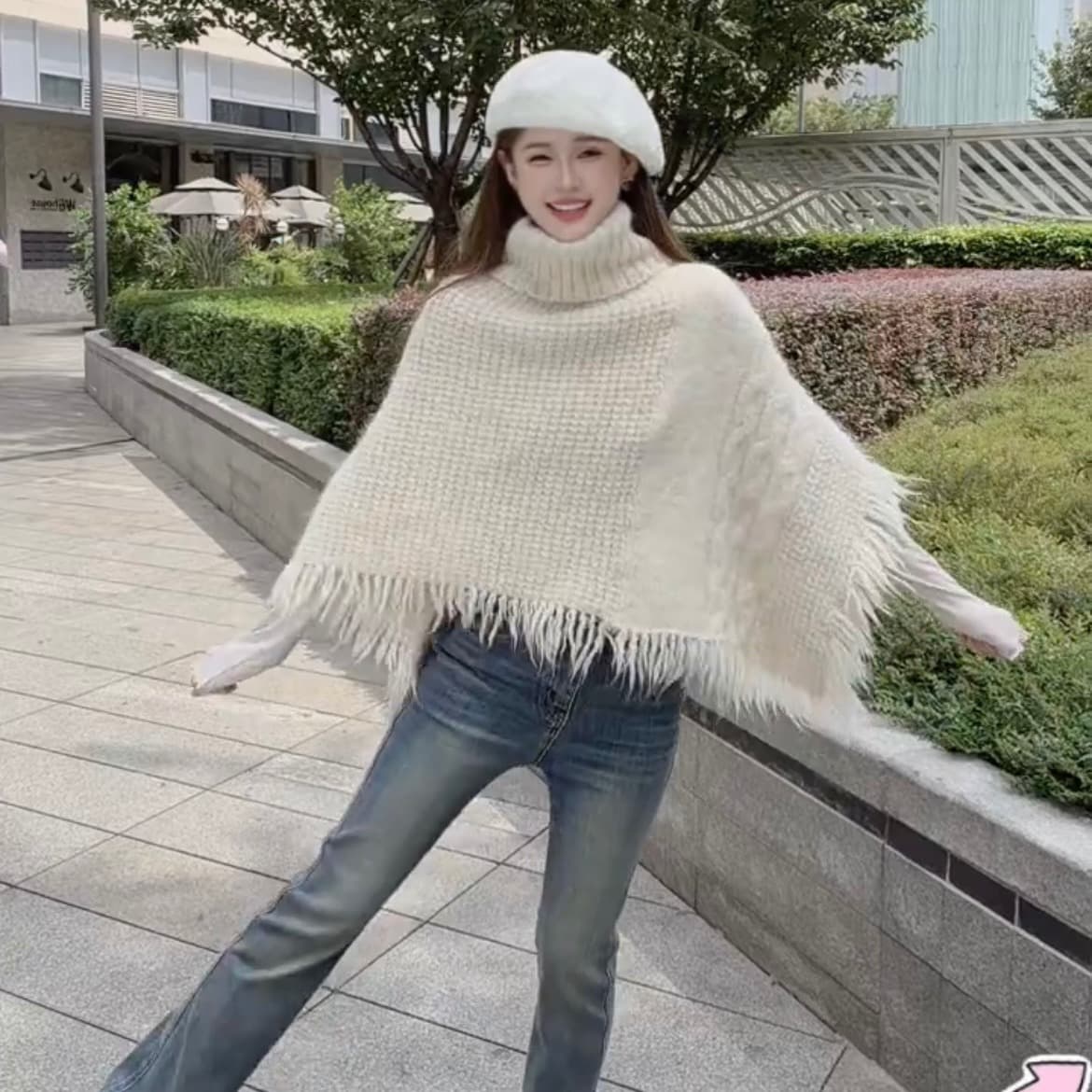 소나무 섬 겨울 느긋한 바람 분위기 센스 불규칙 술 망토 숄 여성 가을 겨울 새로운 이미지 6