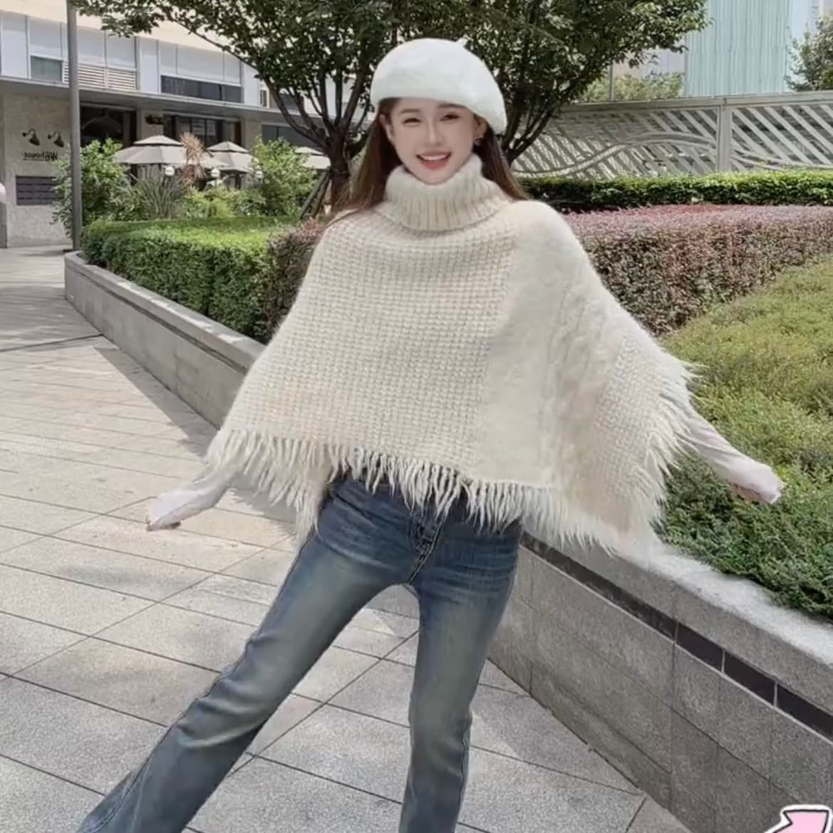 소나무 섬 겨울 느긋한 바람 분위기 센스 불규칙 술 망토 숄 여성 가을 겨울 새로운 상세 이미지 5