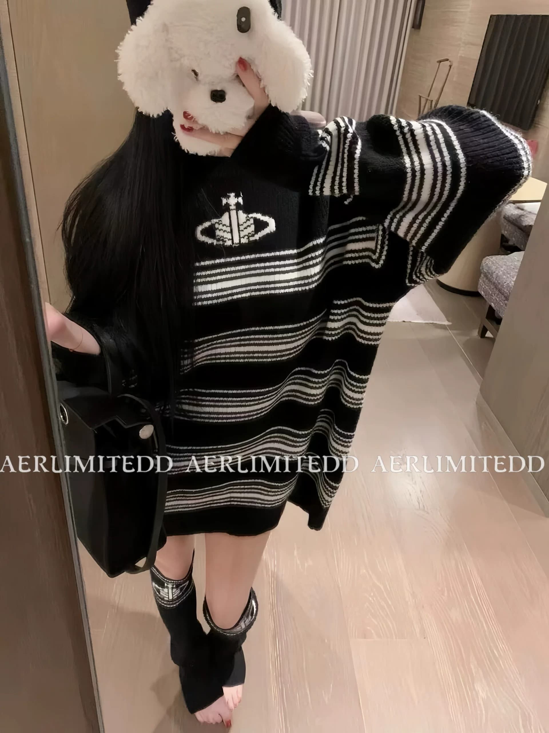 토성 자수 스트라이프 배색 니트 스웨터 여자 레트로 느긋한 바람을 피우다 롱 코트 맨위 상세 이미지 6