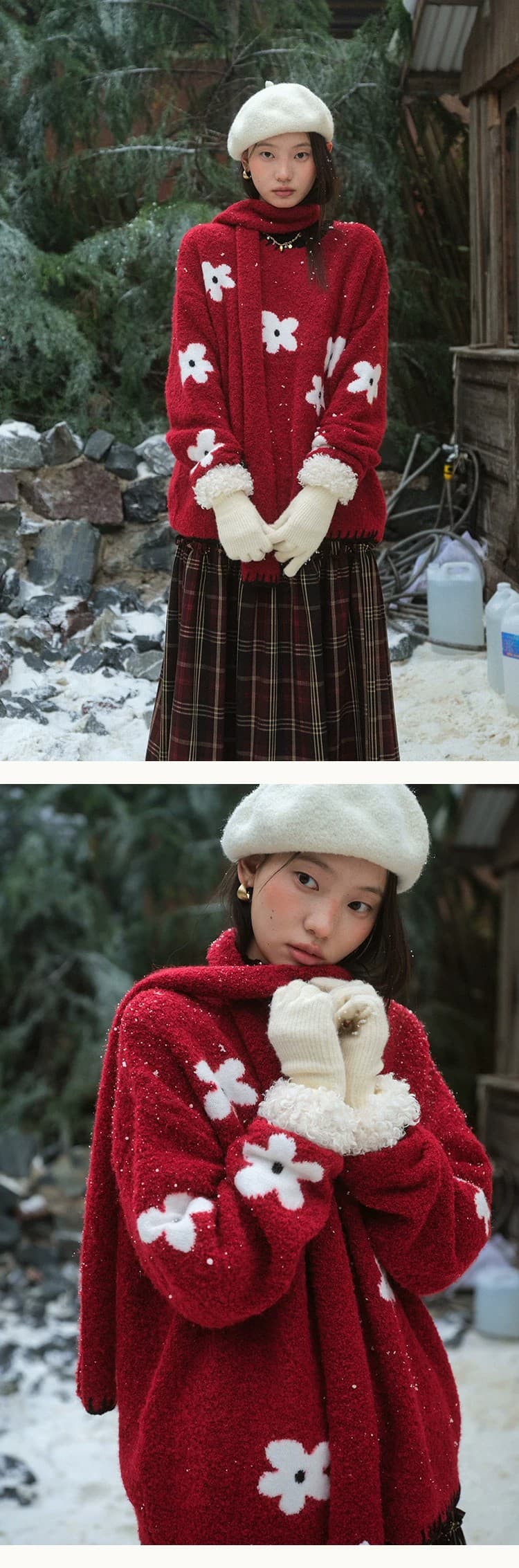 서클 실 스카프 스타일 꽃 라운드 넥 풀오버 스웨터 여자 느긋한 양모 보온 니트 스웨터 겨울 상세 이미지 1