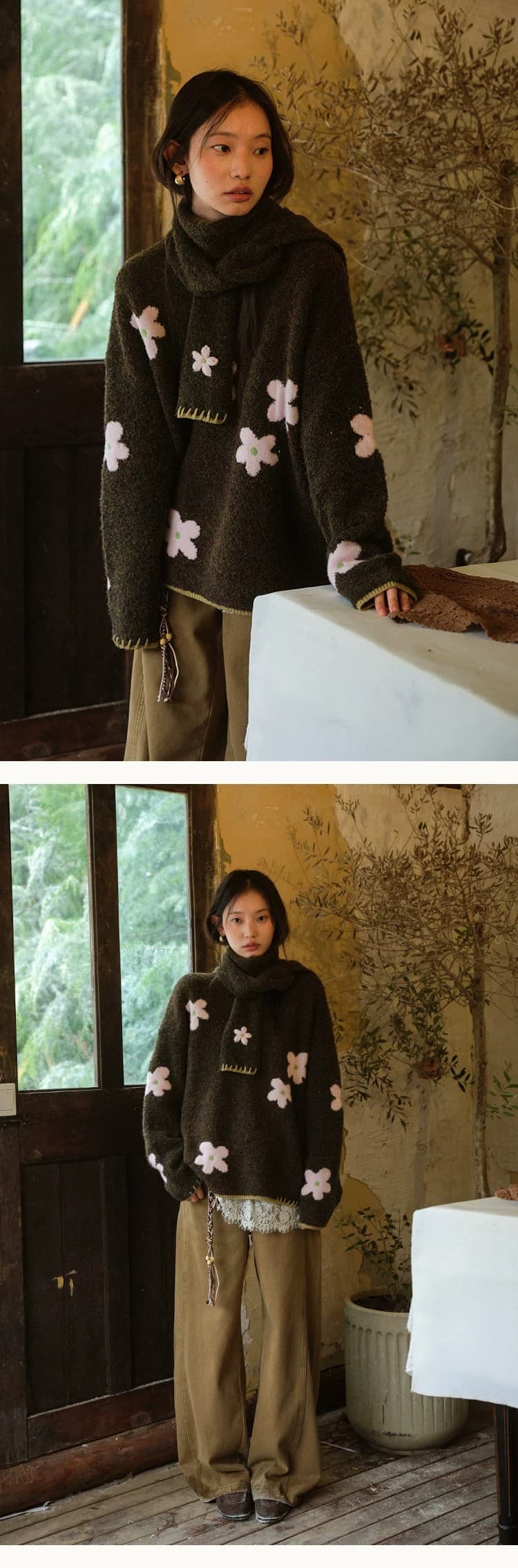 서클 실 스카프 스타일 꽃 라운드 넥 풀오버 스웨터 여자 느긋한 양모 보온 니트 스웨터 겨울 상세 이미지 9