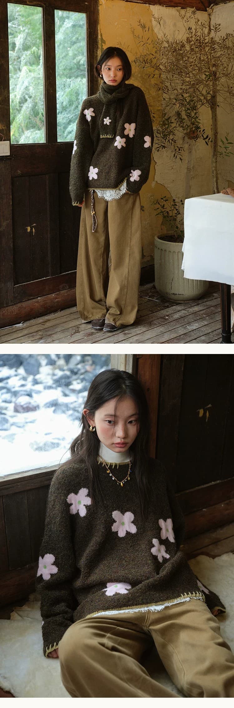 서클 실 스카프 스타일 꽃 라운드 넥 풀오버 스웨터 여자 느긋한 양모 보온 니트 스웨터 겨울 상세 이미지 11