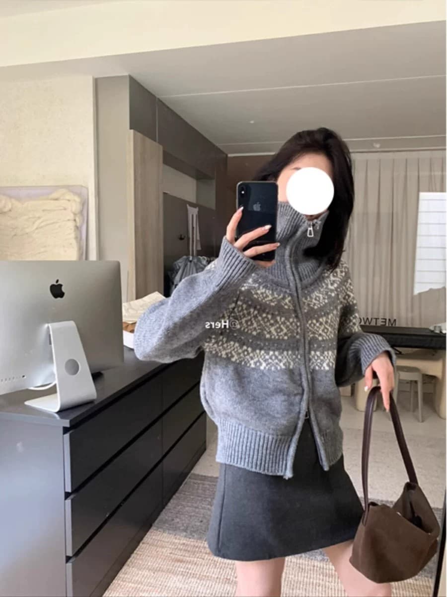 레트로 공정한 섬 살구 색상 폴로 칼라 니트 오픈 가디건 스웨터 여자 2026 겨울 쇼트 스타일 재킷 상세 이미지 5