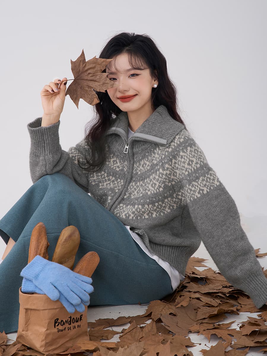 북유럽 공정한 섬 자카드 스웨터 오픈 가디건 여성 가을 겨울 프랑스식 레트로 더블 머리 지퍼 폴로 칼라 니트 재킷 맨위