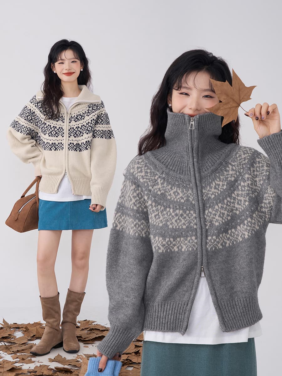 북유럽 공정한 섬 자카드 스웨터 오픈 가디건 여성 가을 겨울 프랑스식 레트로 더블 머리 지퍼 폴로 칼라 니트 재킷 맨위 상세 이미지 3