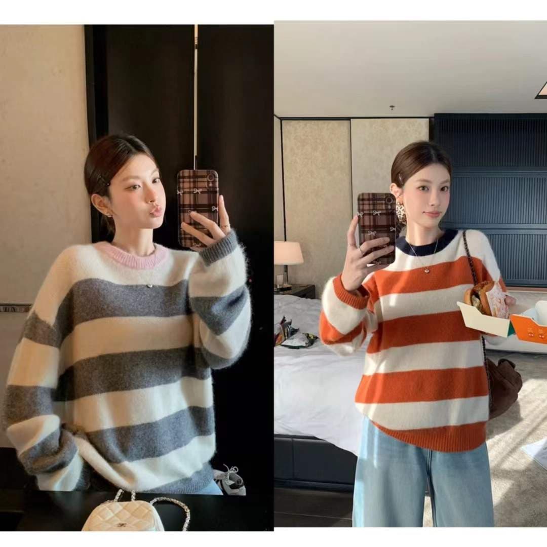 북극 플러시 배색 클립 기사 색상 실 연령 감소 보온 니트 라운드 넥 스트라이프 스웨터 상세 이미지 3