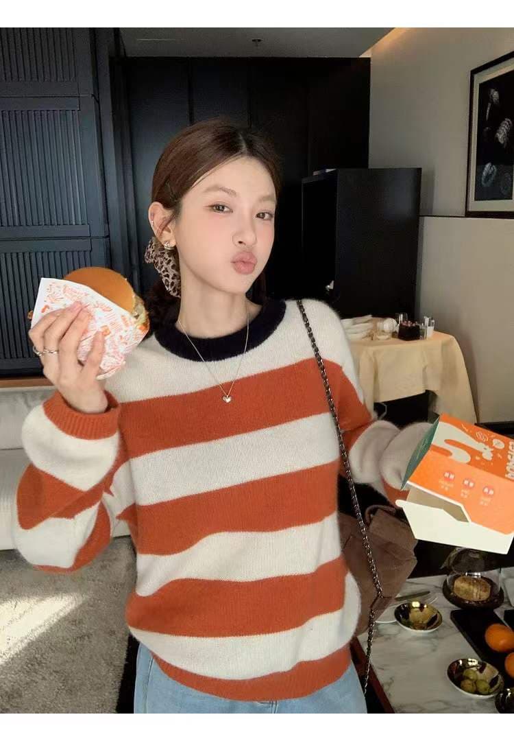 북극 플러시 배색 클립 기사 색상 실 연령 감소 보온 니트 라운드 넥 스트라이프 스웨터 상세 이미지 5