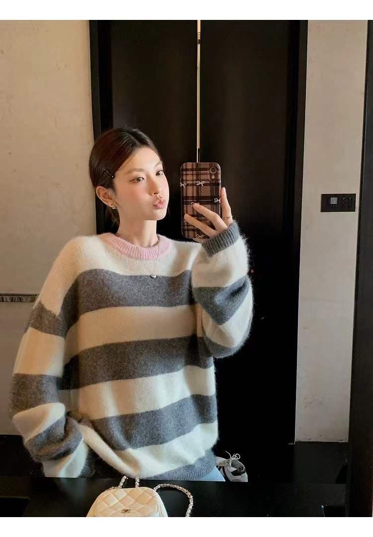 북극 플러시 배색 클립 기사 색상 실 연령 감소 보온 니트 라운드 넥 스트라이프 스웨터 상세 이미지 6