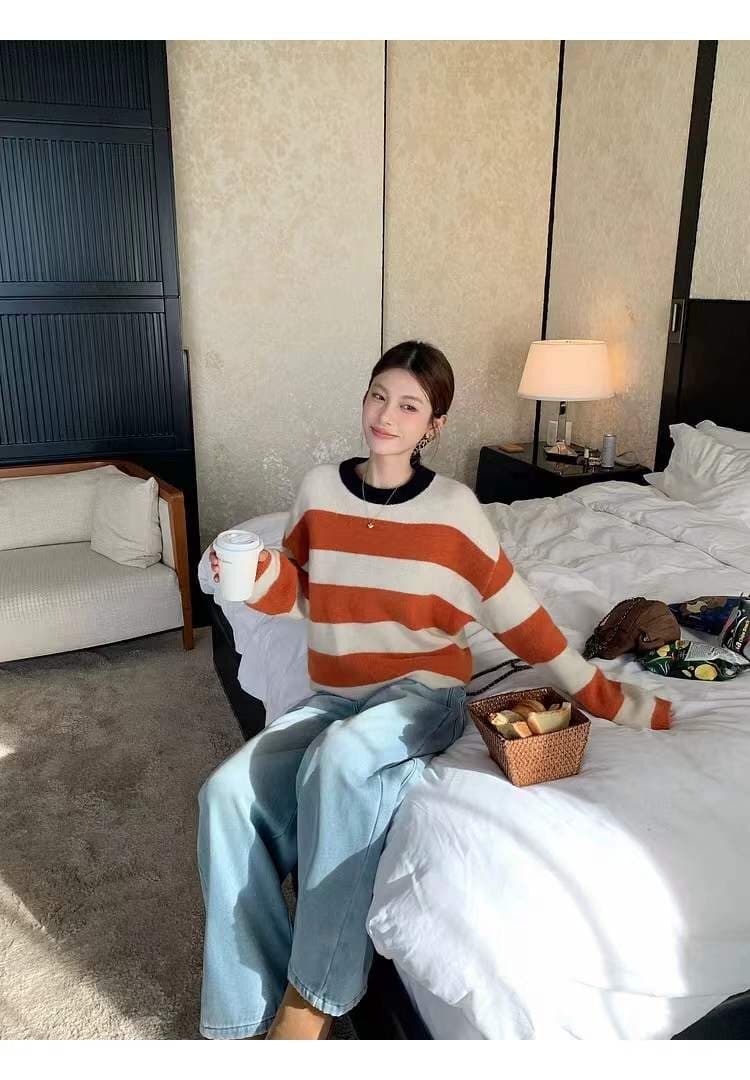 북극 플러시 배색 클립 기사 색상 실 연령 감소 보온 니트 라운드 넥 스트라이프 스웨터 상세 이미지 7