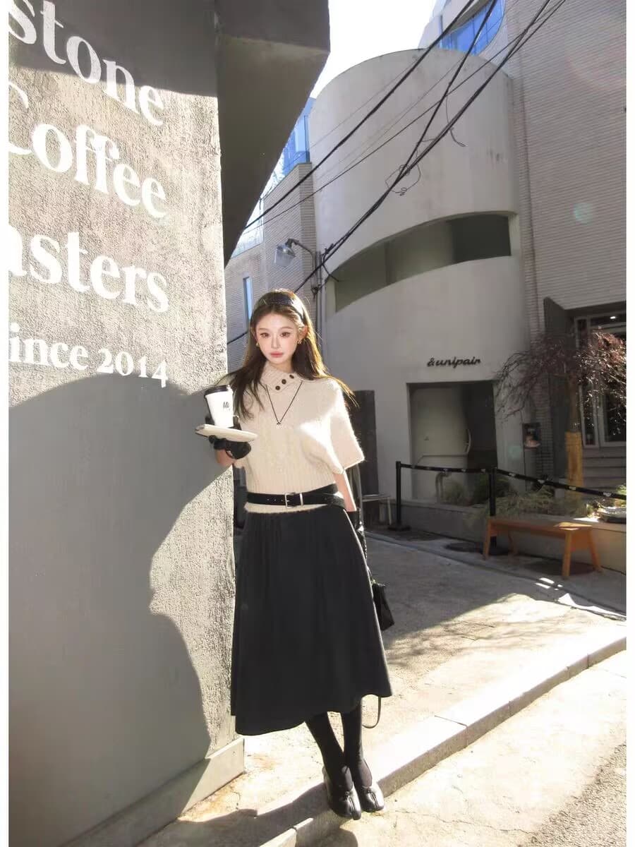 한 부서 폴로 칼라 터틀넥 반팔 니트 스웨터 여자 2026 이른 가을 인사이드 가져 가라. 느긋한 바람 중간 소매 망토 맨위 상세 이미지 5
