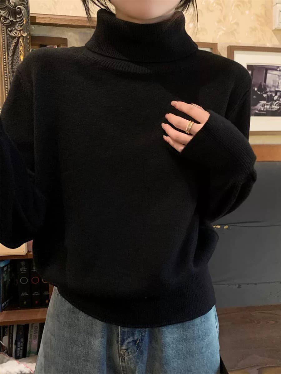 miu 부서 우유 황색 터틀넥 두꺼운 기본 셔츠 여성 봄 가을 고급 보온 인사이드 가져 가라. 스웨터 품격 니트 맨위 이미지 4
