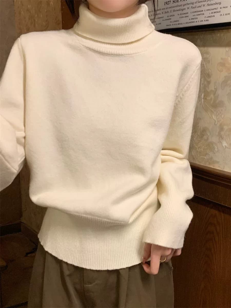 miu 부서 우유 황색 터틀넥 두꺼운 기본 셔츠 여성 봄 가을 고급 보온 인사이드 가져 가라. 스웨터 품격 니트 맨위 이미지 2