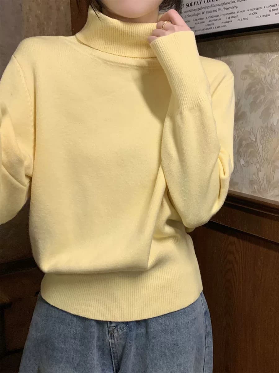 miu 부서 우유 황색 터틀넥 두꺼운 기본 셔츠 여성 봄 가을 고급 보온 인사이드 가져 가라. 스웨터 품격 니트 맨위 이미지 3