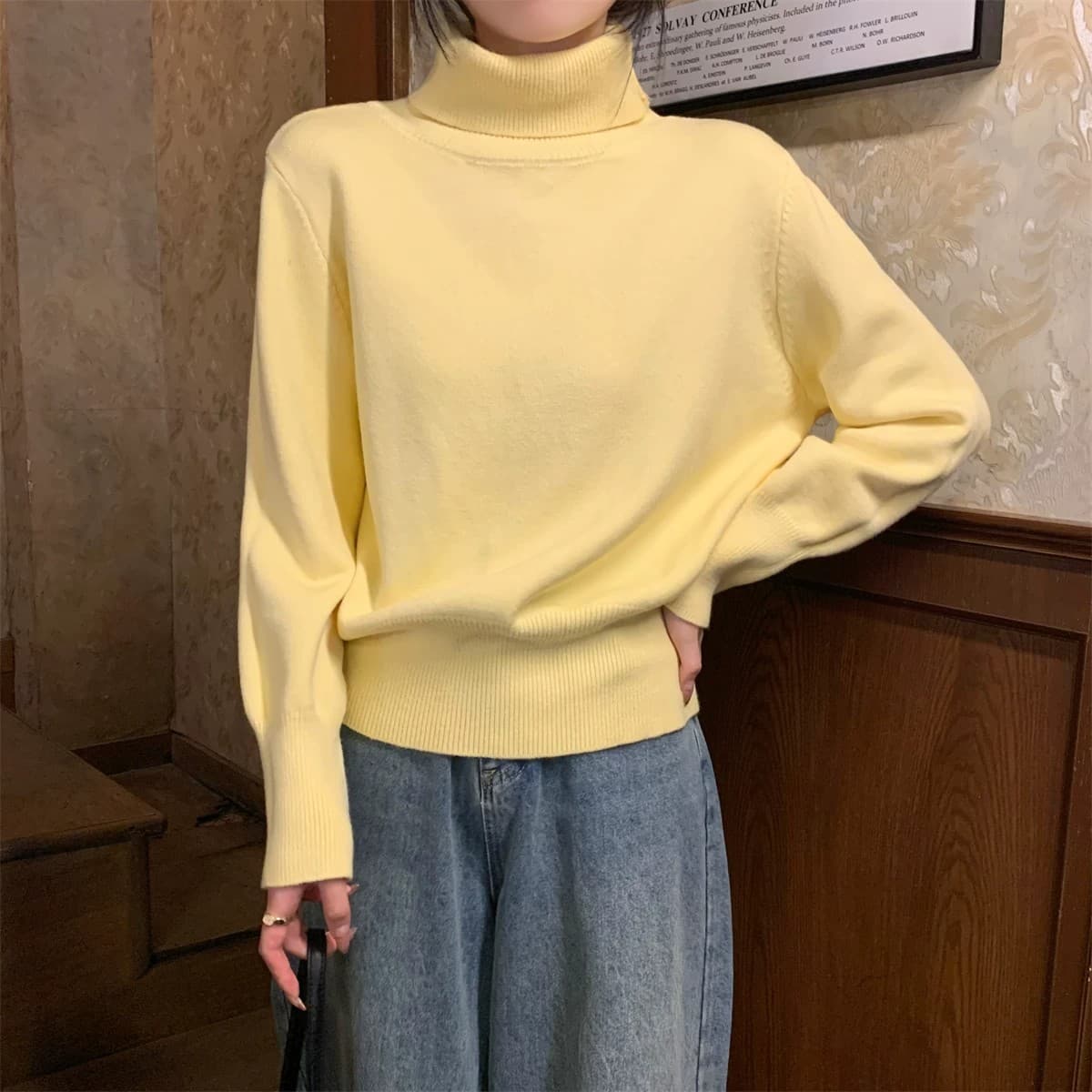 miu 부서 우유 황색 터틀넥 두꺼운 기본 셔츠 여성 봄 가을 고급 보온 인사이드 가져 가라. 스웨터 품격 니트 맨위 상세 이미지 2