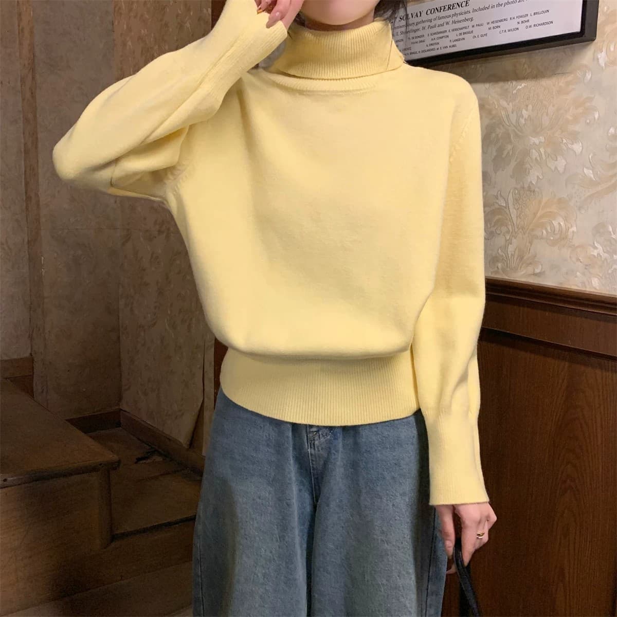 miu 부서 우유 황색 터틀넥 두꺼운 기본 셔츠 여성 봄 가을 고급 보온 인사이드 가져 가라. 스웨터 품격 니트 맨위 상세 이미지 3