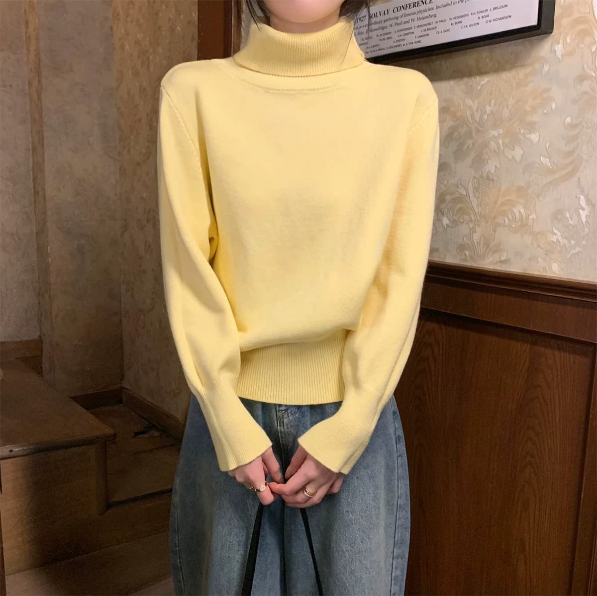 miu 부서 우유 황색 터틀넥 두꺼운 기본 셔츠 여성 봄 가을 고급 보온 인사이드 가져 가라. 스웨터 품격 니트 맨위 상세 이미지 4