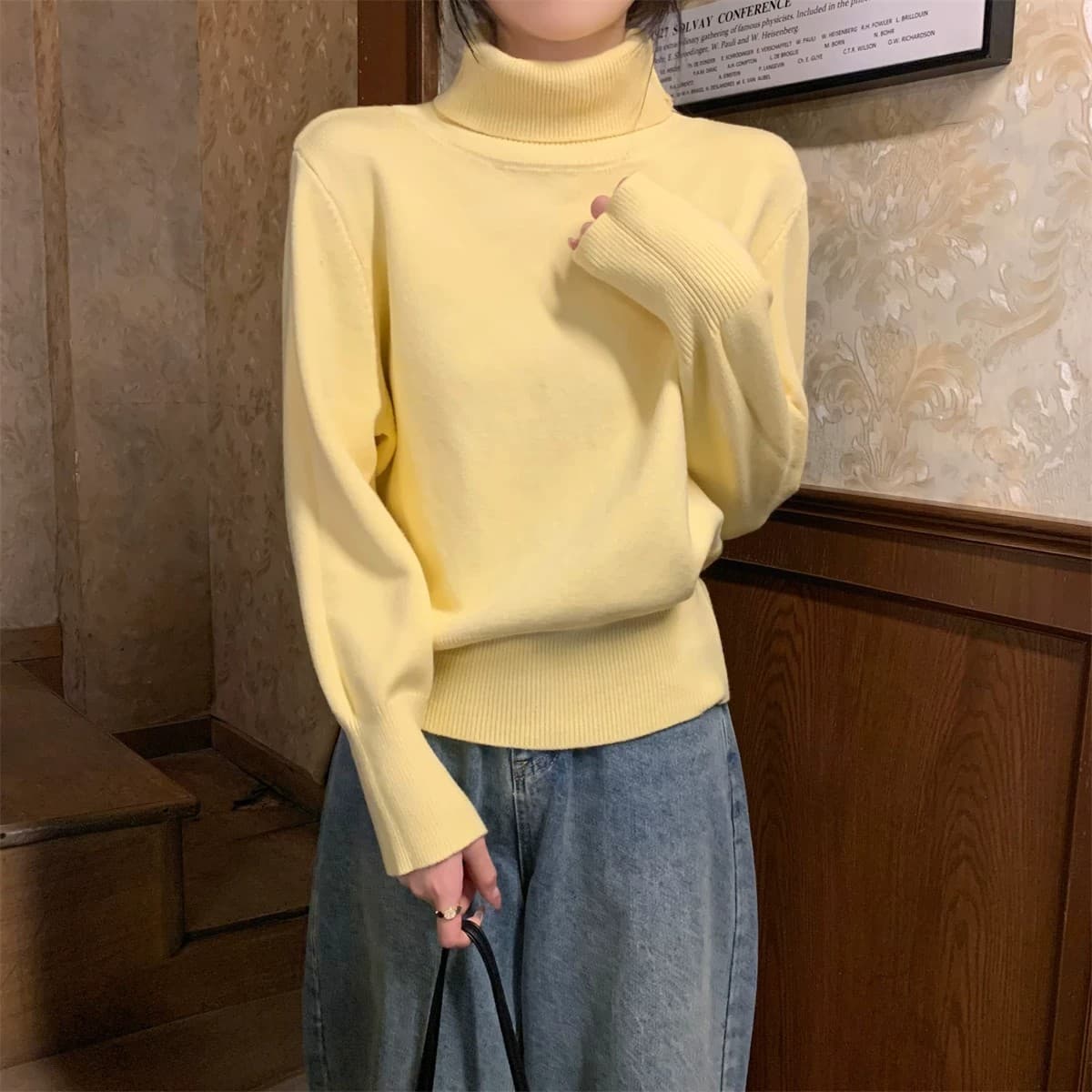 miu 부서 우유 황색 터틀넥 두꺼운 기본 셔츠 여성 봄 가을 고급 보온 인사이드 가져 가라. 스웨터 품격 니트 맨위 상세 이미지 5