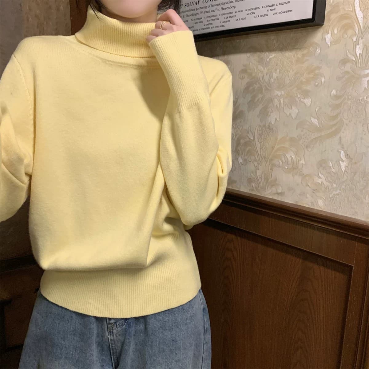 miu 부서 우유 황색 터틀넥 두꺼운 기본 셔츠 여성 봄 가을 고급 보온 인사이드 가져 가라. 스웨터 품격 니트 맨위 상세 이미지 6