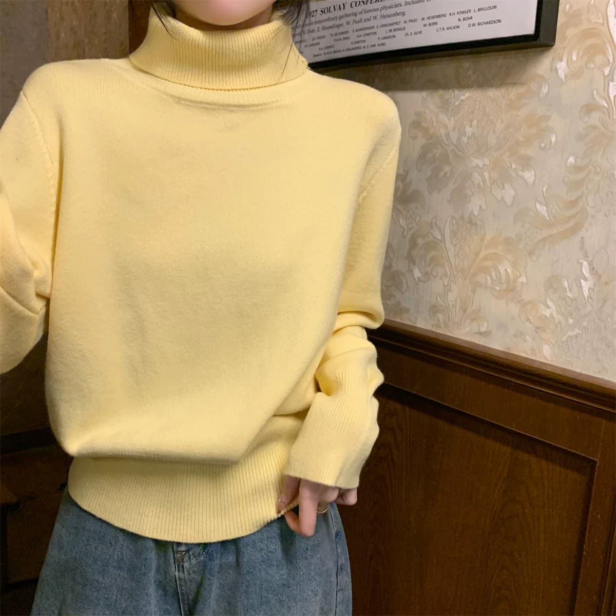 miu 부서 우유 황색 터틀넥 두꺼운 기본 셔츠 여성 봄 가을 고급 보온 인사이드 가져 가라. 스웨터 품격 니트 맨위 상세 이미지 7