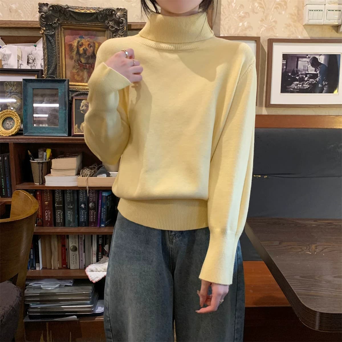miu 부서 우유 황색 터틀넥 두꺼운 기본 셔츠 여성 봄 가을 고급 보온 인사이드 가져 가라. 스웨터 품격 니트 맨위 상세 이미지 10