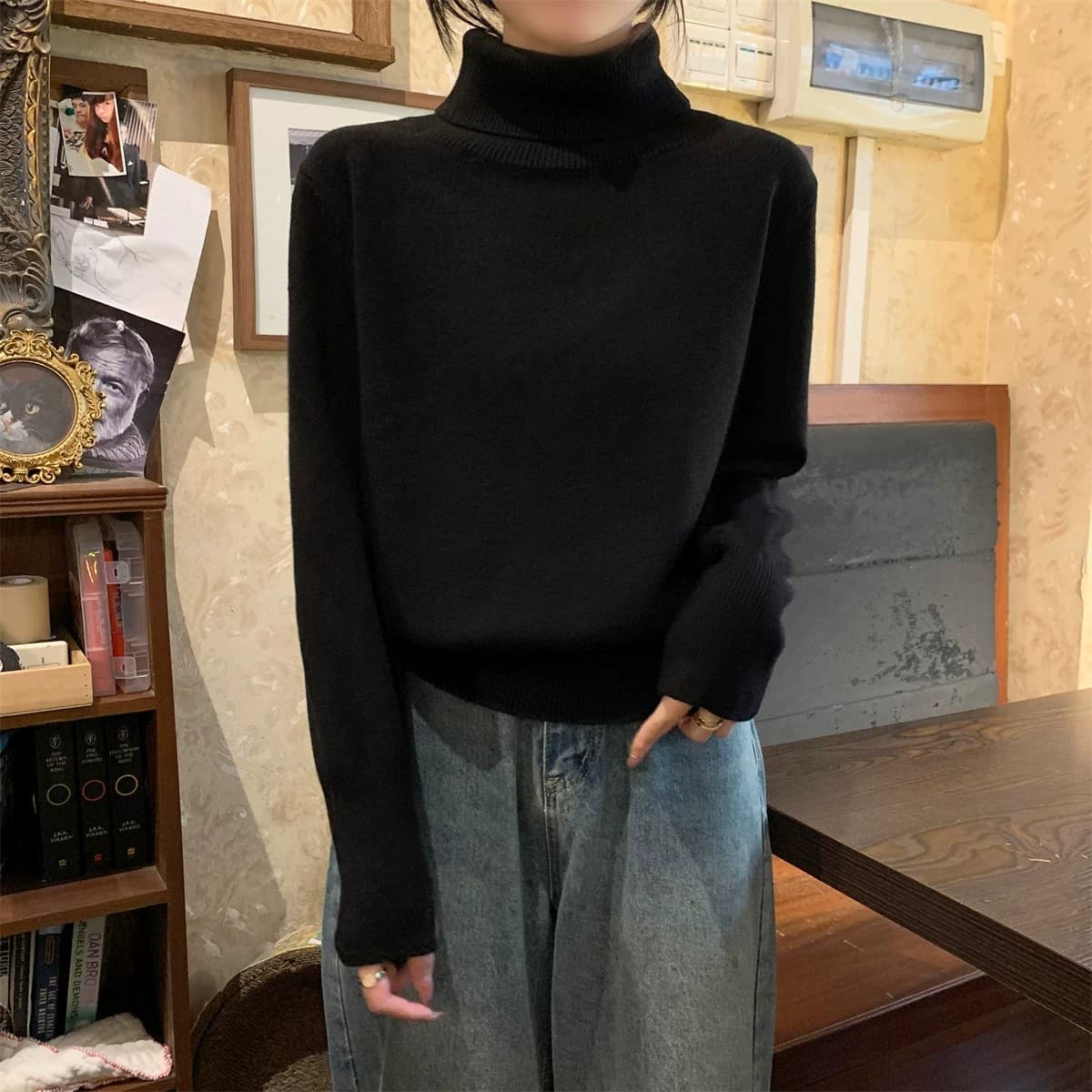 miu 부서 우유 황색 터틀넥 두꺼운 기본 셔츠 여성 봄 가을 고급 보온 인사이드 가져 가라. 스웨터 품격 니트 맨위 상세 이미지 13