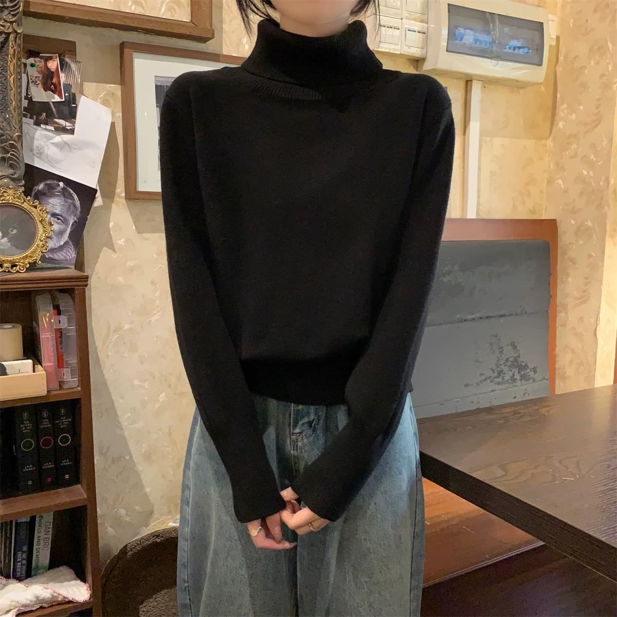 miu 부서 우유 황색 터틀넥 두꺼운 기본 셔츠 여성 봄 가을 고급 보온 인사이드 가져 가라. 스웨터 품격 니트 맨위 상세 이미지 14