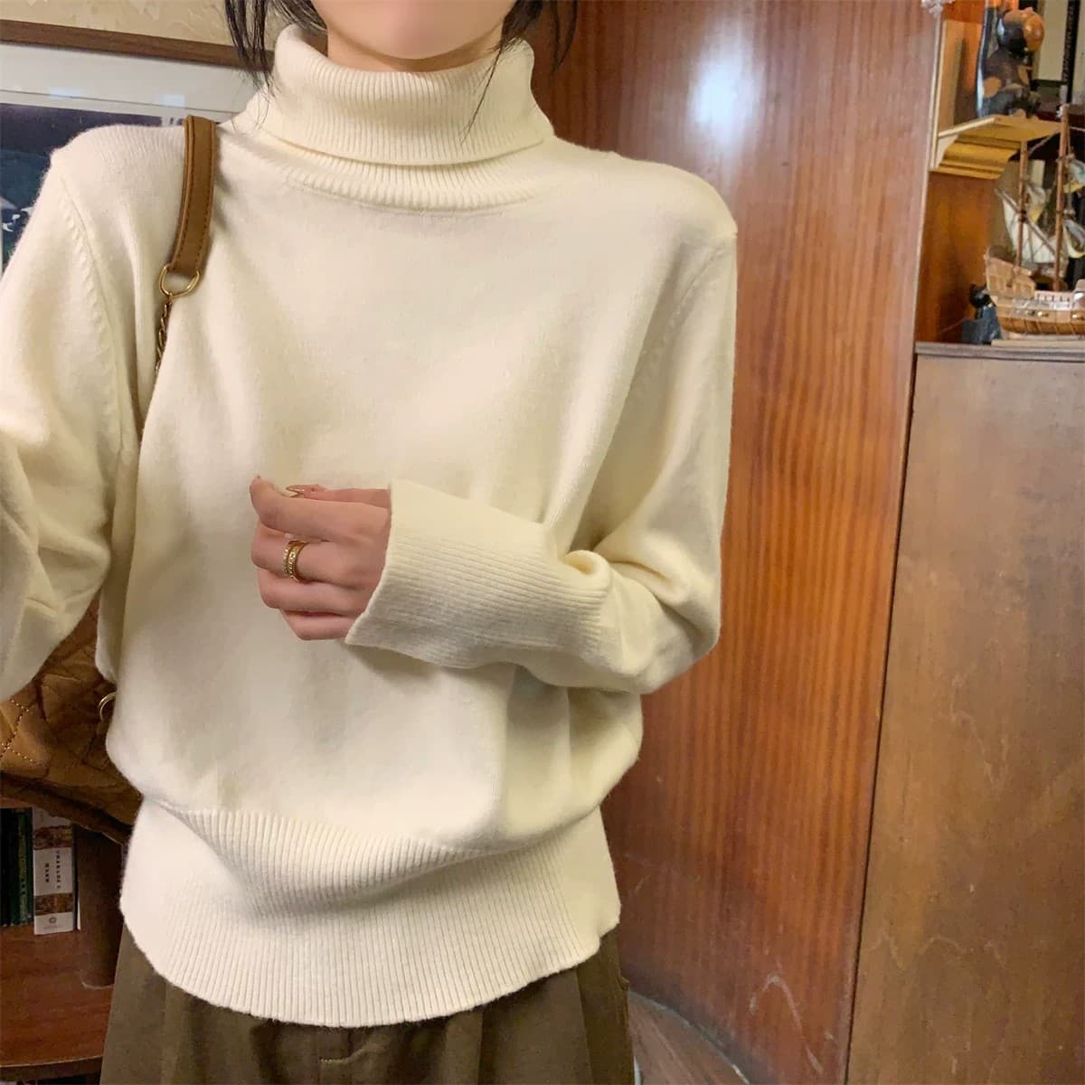 miu 부서 우유 황색 터틀넥 두꺼운 기본 셔츠 여성 봄 가을 고급 보온 인사이드 가져 가라. 스웨터 품격 니트 맨위 상세 이미지 21