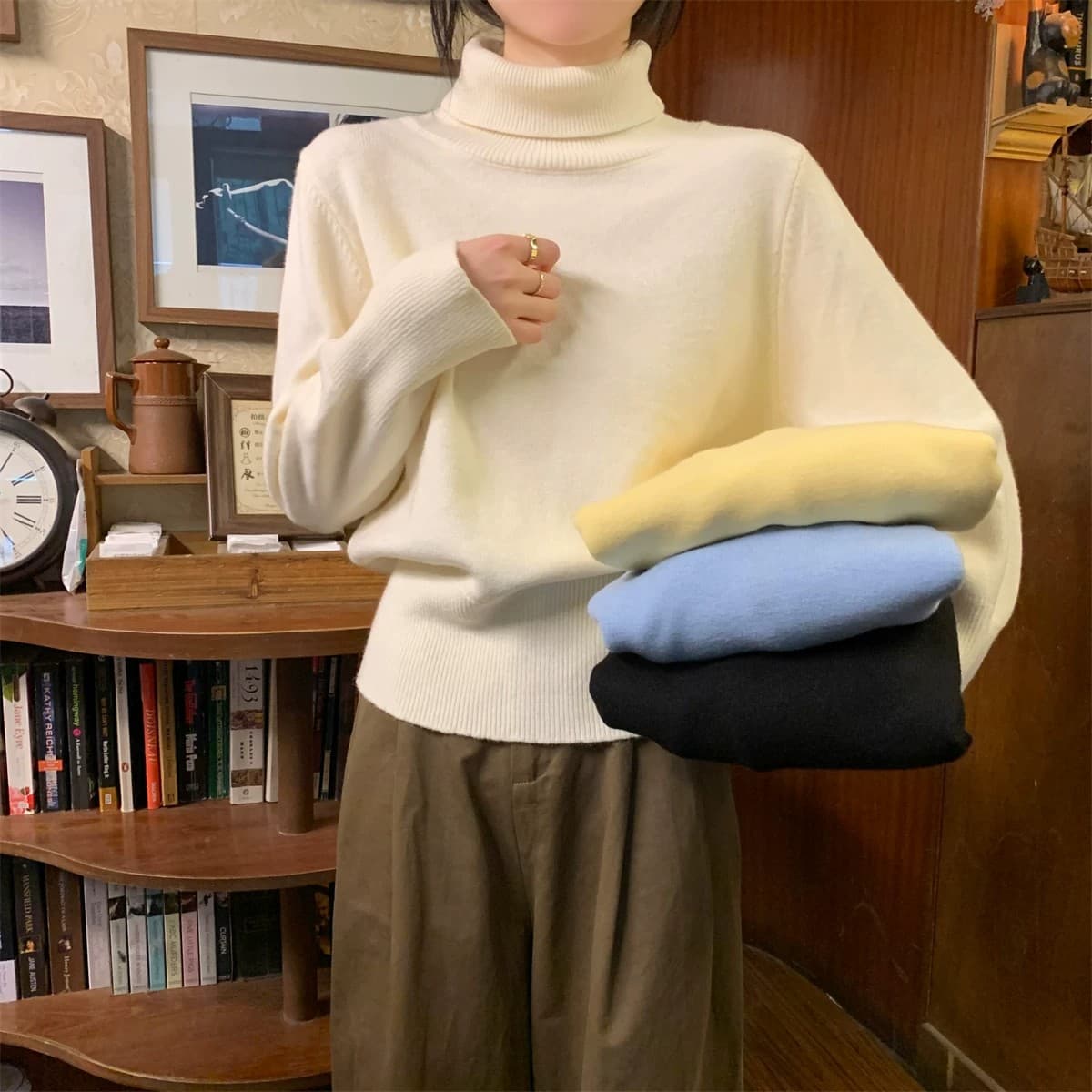 miu 부서 우유 황색 터틀넥 두꺼운 기본 셔츠 여성 봄 가을 고급 보온 인사이드 가져 가라. 스웨터 품격 니트 맨위 상세 이미지 23