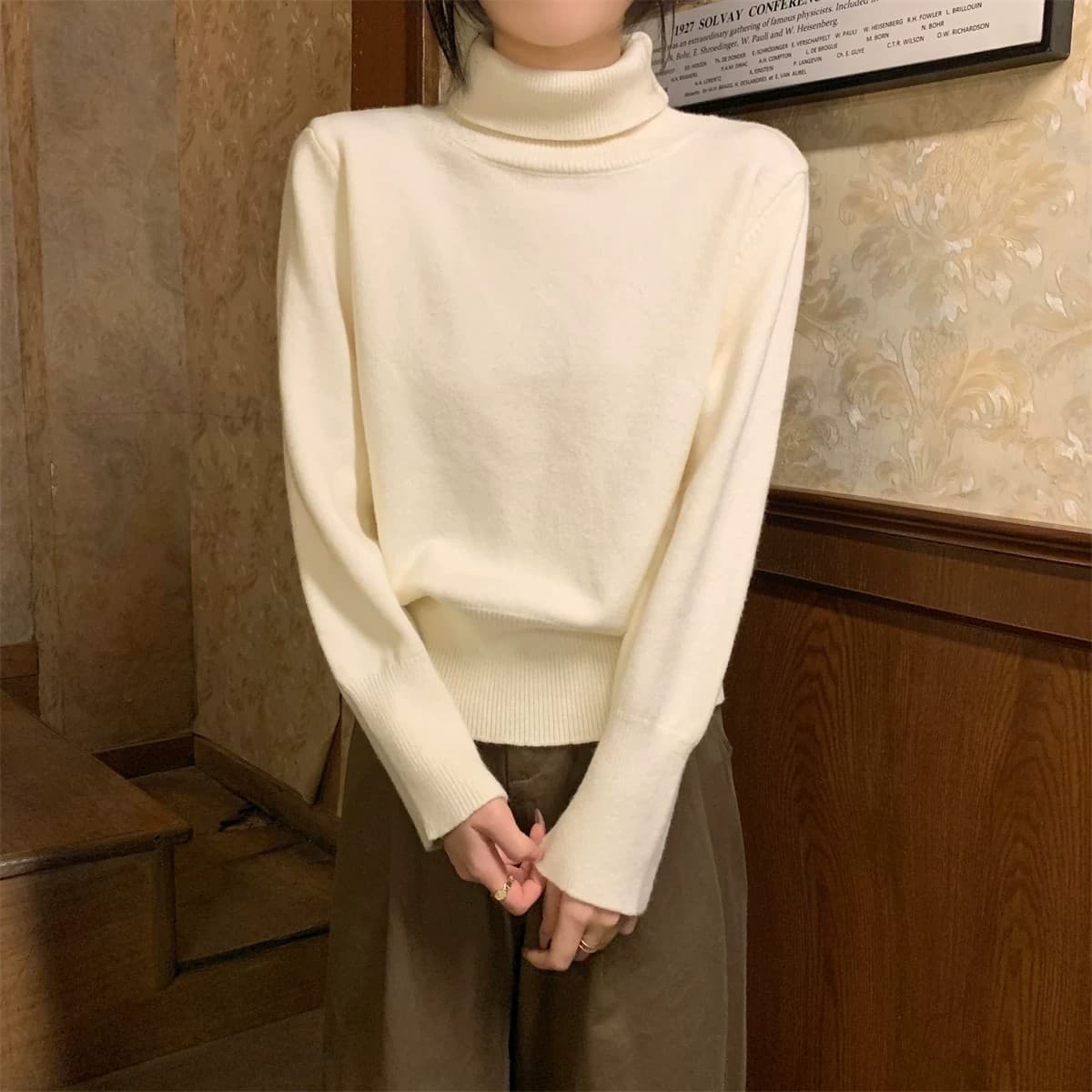 miu 부서 우유 황색 터틀넥 두꺼운 기본 셔츠 여성 봄 가을 고급 보온 인사이드 가져 가라. 스웨터 품격 니트 맨위 상세 이미지 26