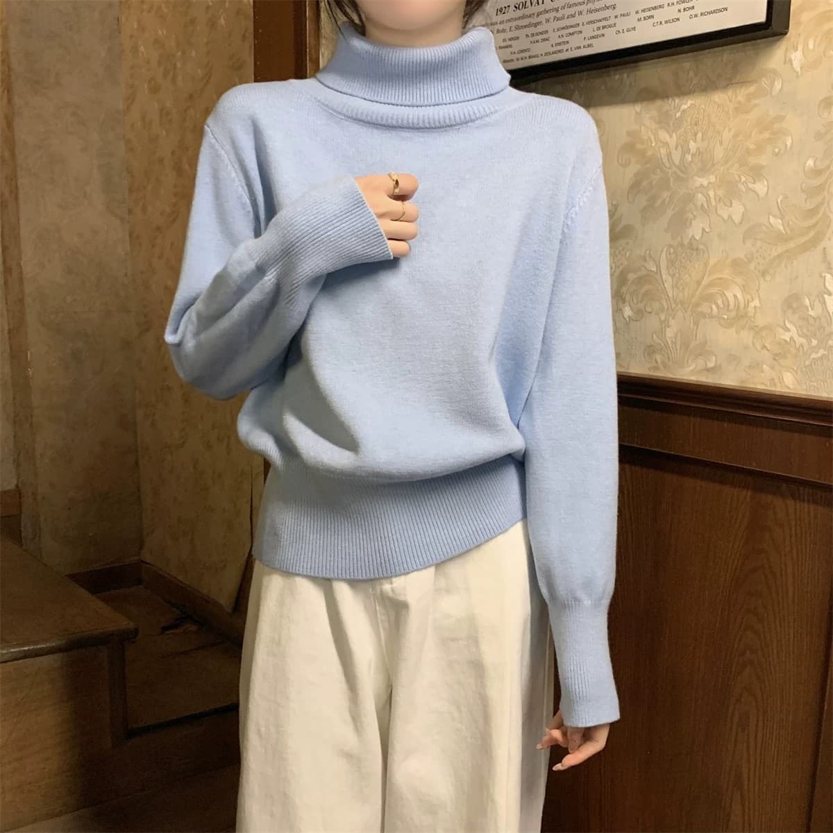 miu 부서 우유 황색 터틀넥 두꺼운 기본 셔츠 여성 봄 가을 고급 보온 인사이드 가져 가라. 스웨터 품격 니트 맨위 상세 이미지 28