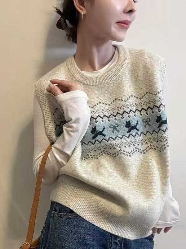 2026 이른 봄 새로운 라운드 넥 한 부서 레트로 만화 자카드 니트 스웨터 조끼 민소매 스택 착용 베스트 이미지 3
