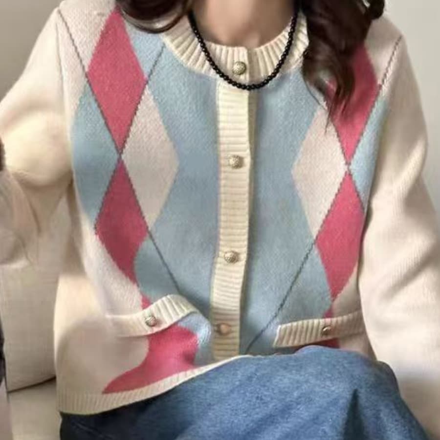 한 부서 부드러운 찹쌀 링 그리드 스웨터 니트 여성 코트 봄 가을 디자인 센스 작은 대중 루즈핏 맨위 느긋한 바람 오픈 가디건 두꺼움 이미지 4