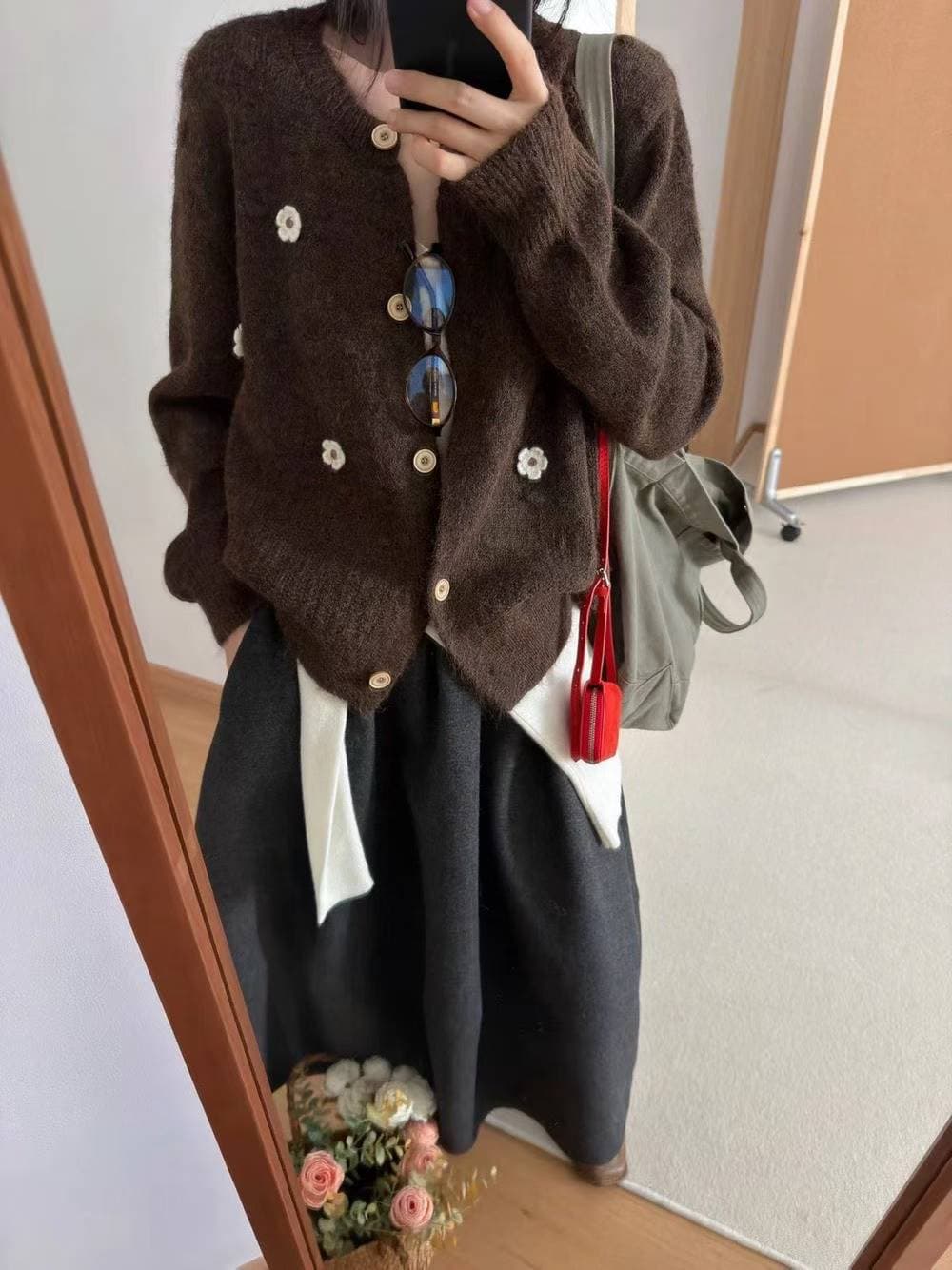 한 부서 무거운 작업 3 차원 꽃 니트 오픈 가디건 여성 가을 라운드 넥 루즈핏 긴팔 맨위 스웨터 코트 이미지 4