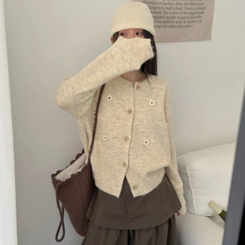 한 부서 무거운 작업 3 차원 꽃 니트 오픈 가디건 여성 가을 라운드 넥 루즈핏 긴팔 맨위 스웨터 코트 이미지 3