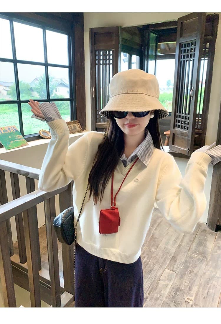 한 부서 페이크 레이어드 폴로 칼라 스웨터 여자 가을 겨울철 셔츠 패치워크 긴팔 인사이드 가져 가라. 니트 스웨터 맨위 상세 이미지 2