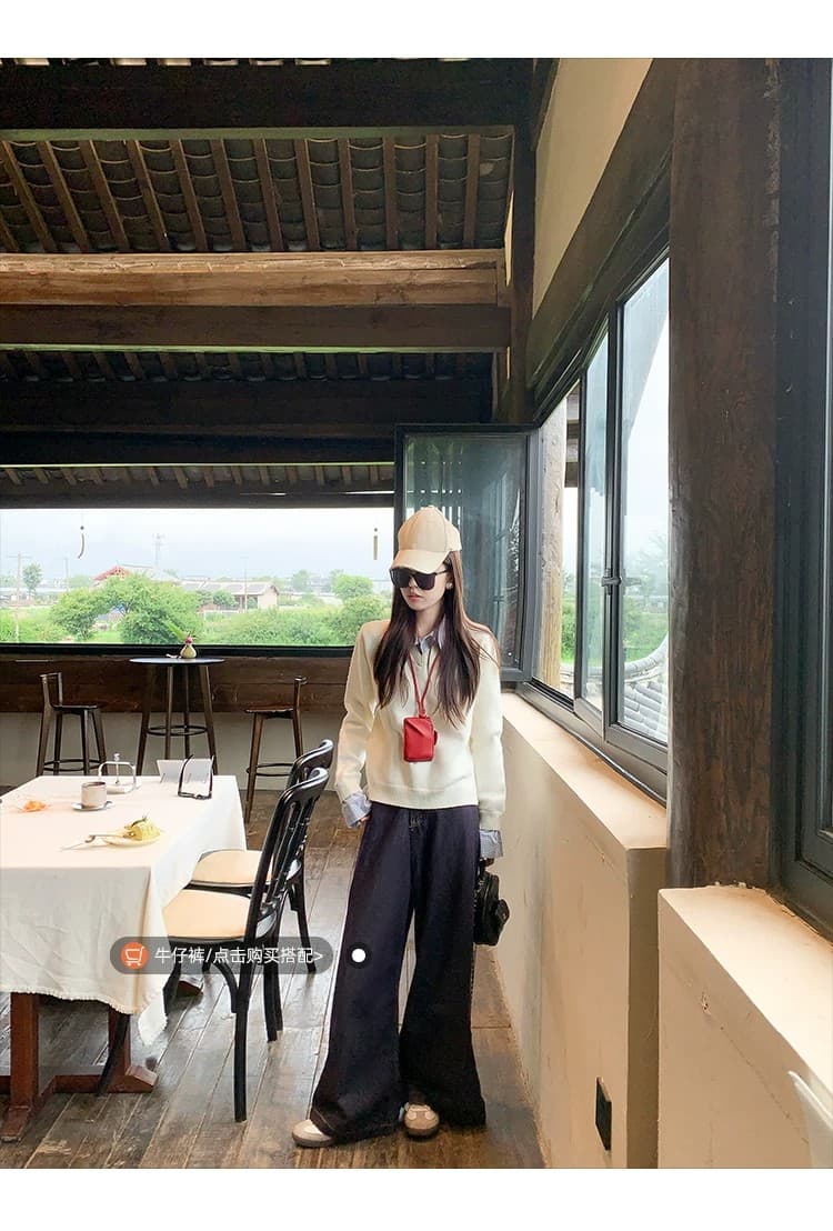 한 부서 페이크 레이어드 폴로 칼라 스웨터 여자 가을 겨울철 셔츠 패치워크 긴팔 인사이드 가져 가라. 니트 스웨터 맨위 상세 이미지 3