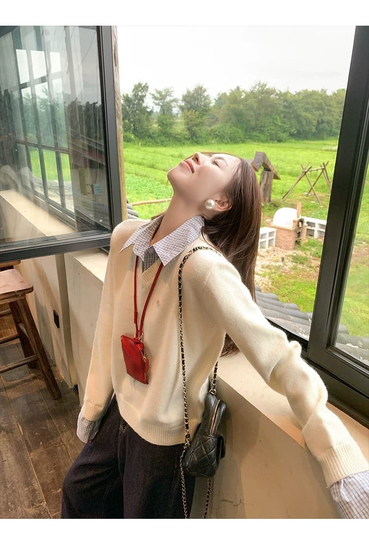 한 부서 페이크 레이어드 폴로 칼라 스웨터 여자 가을 겨울철 셔츠 패치워크 긴팔 인사이드 가져 가라. 니트 스웨터 맨위 상세 이미지 9