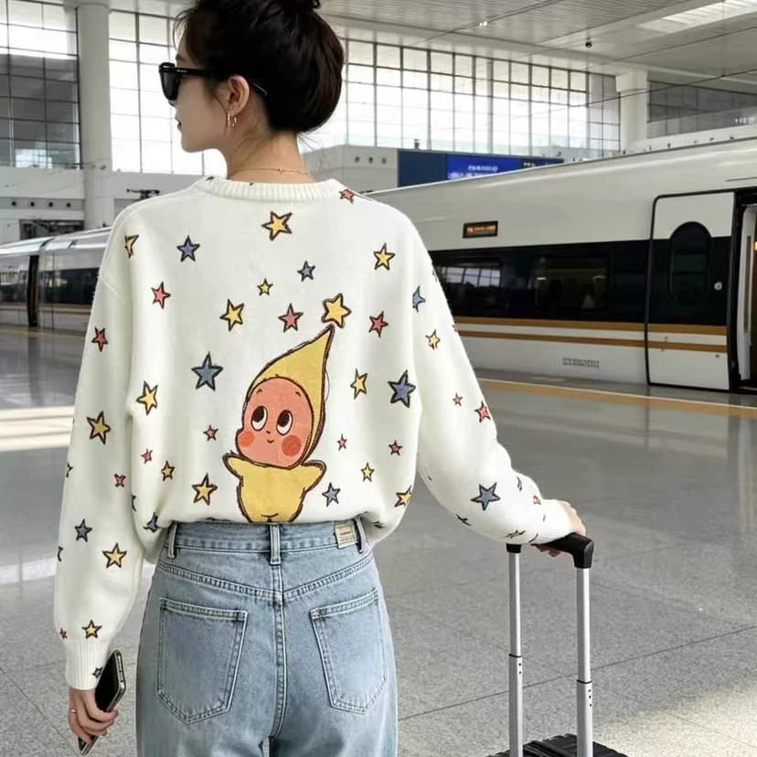 26 년 가을 켜기 새로운 한 부서 달콤함 귀신 프린트 루즈핏 니트 오픈 가디건 제외 된 하의 18092
